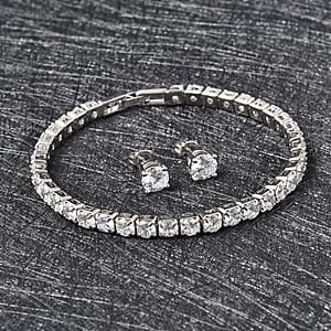 Simulated Diamond 26.40 ctw Earrings Tennis Bracelet in Silvertone, Stud Earrings Simulated Diamond Bracelet  (7.00 In)