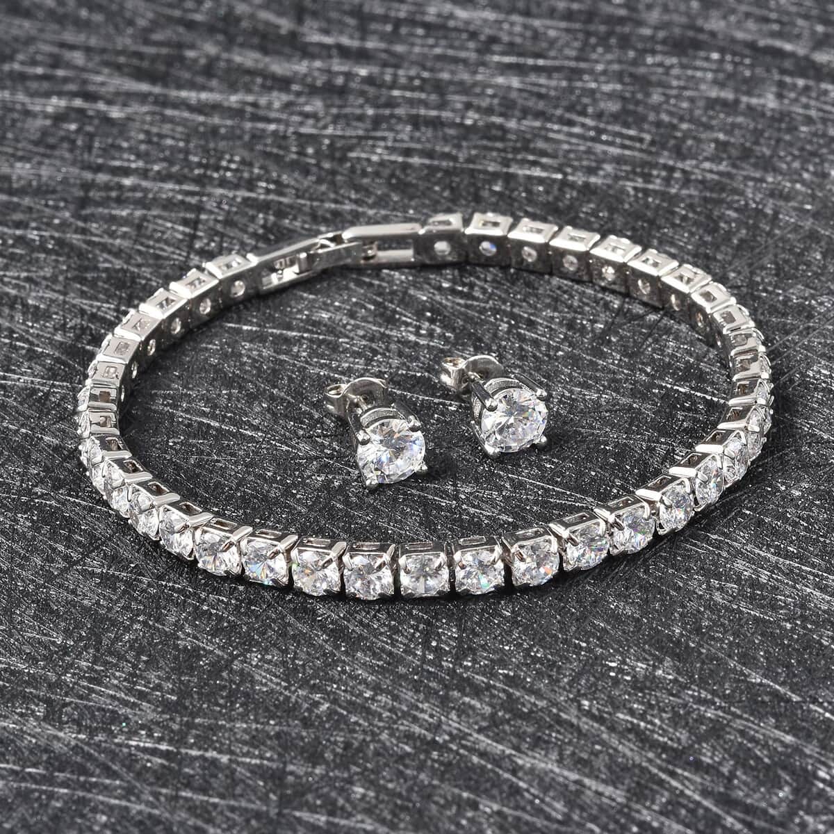 Simulated Diamond Earrings Tennis Bracelet in Silvertone, Stud Earrings Simulated Diamond Bracelet  (7.00 In)  26.40 ctw image number 1