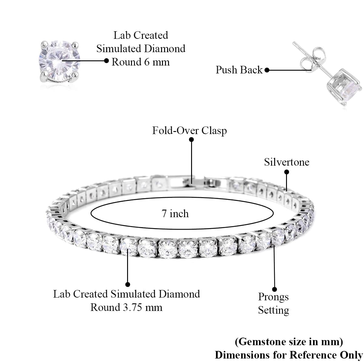 Simulated Diamond Earrings Tennis Bracelet in Silvertone, Stud Earrings Simulated Diamond Bracelet  (7.00 In)  26.40 ctw image number 6