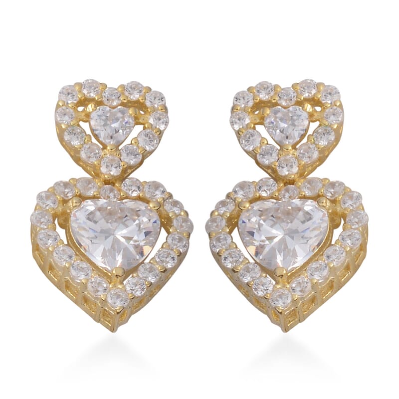 Simulated Diamond Heart Drop Earrings in 14K YG Over Sterling Silver 4.00 ctw