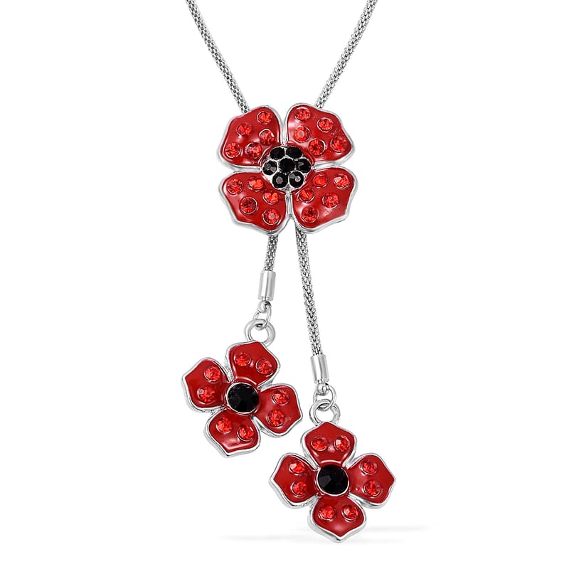 Black and Red Austrian Crystal and Enameled Poppy Flower Lariat Necklace 18 Inches in Silvertone