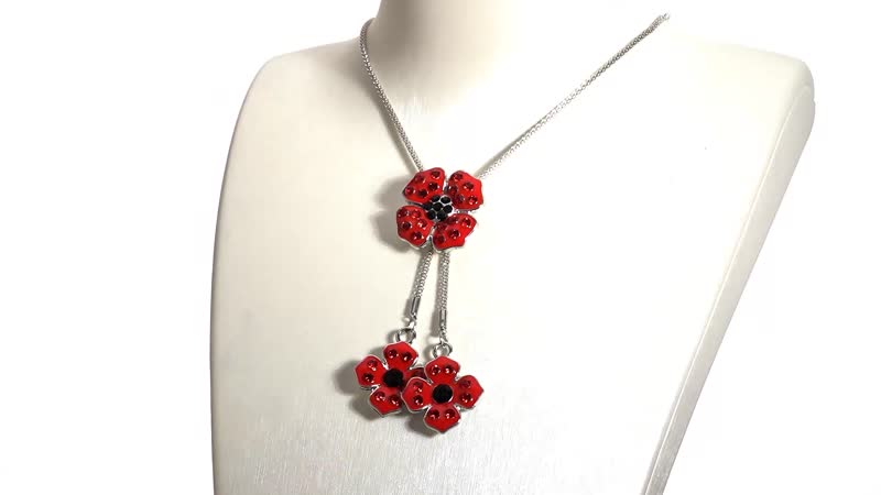 Black and Red Austrian Crystal and Enameled Poppy Flower Lariat Necklace 18 Inches in Silvertone