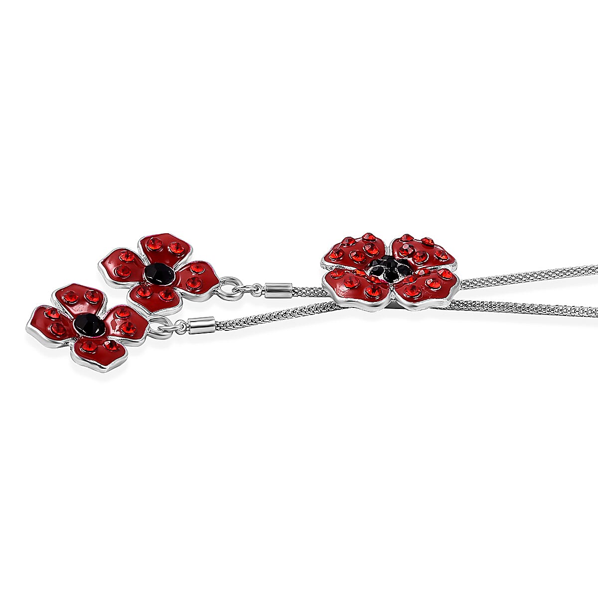 Black and Red Austrian Crystal and Enameled Poppy Flower Lariat Necklace 18 Inches in Silvertone image number 1