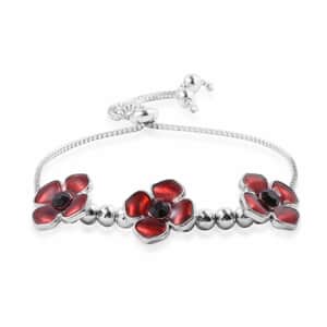 Resin and Black Austrian Crystal Enameled Poppy Bolo Bracelet in Silvertone (6.00 In)