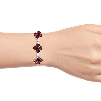 Resin and Black Austrian Crystal Enameled Poppy Bolo Bracelet in Silvertone (6.00 In)