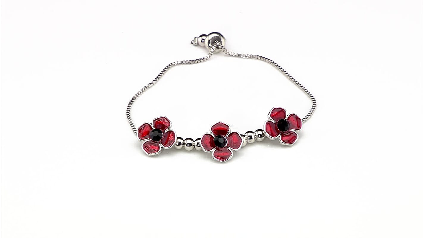 Resin and Black Austrian Crystal Enameled Poppy Bolo Bracelet in Silvertone (6.00 In)
