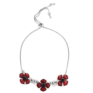 Resin and Black Austrian Crystal Enameled Poppy Bolo Bracelet in Silvertone (6.00 In)