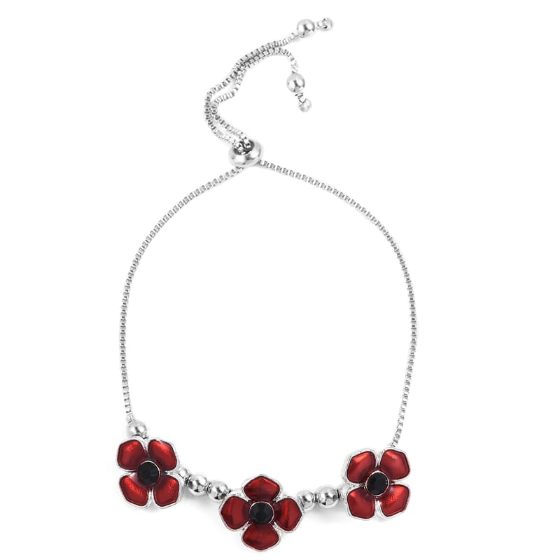 Resin and Black Austrian Crystal Enameled Poppy Bolo Bracelet in Silvertone (6.00 In)