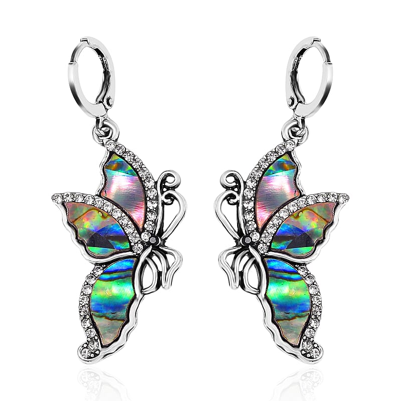 Abalone Shell, Black and Hematite Color Austrian Crystal Lever Back Butterfly Earrings in Silvertone