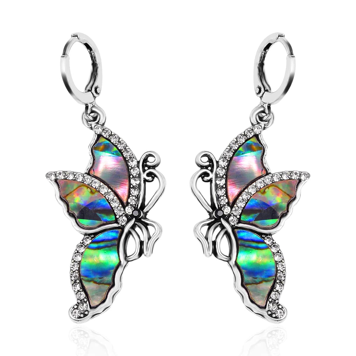 Abalone Shell and Hematite and Black Color Austrian Crystal Lever Back Butterfly Earrings in Silvertone and Stainless Steel image number 0