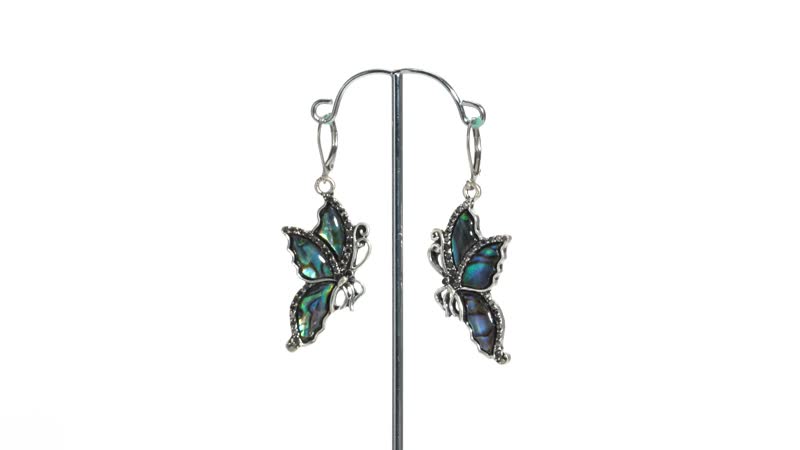 Abalone Shell and Hematite and Black Color Austrian Crystal Lever Back Butterfly Earrings in Silvertone and Stainless Steel