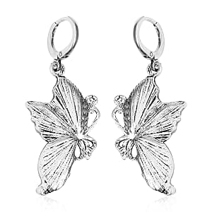 Abalone Shell, Black and Hematite Color Austrian Crystal Lever Back Butterfly Earrings in Silvertone
