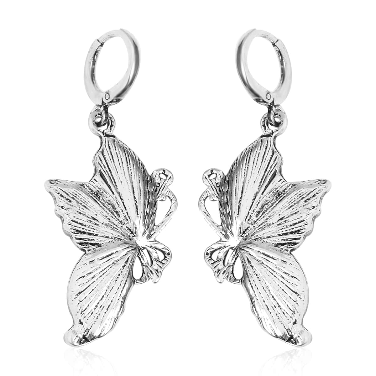 Abalone Shell, Black and Hematite Color Austrian Crystal Lever Back Butterfly Earrings in Silvertone image number 3