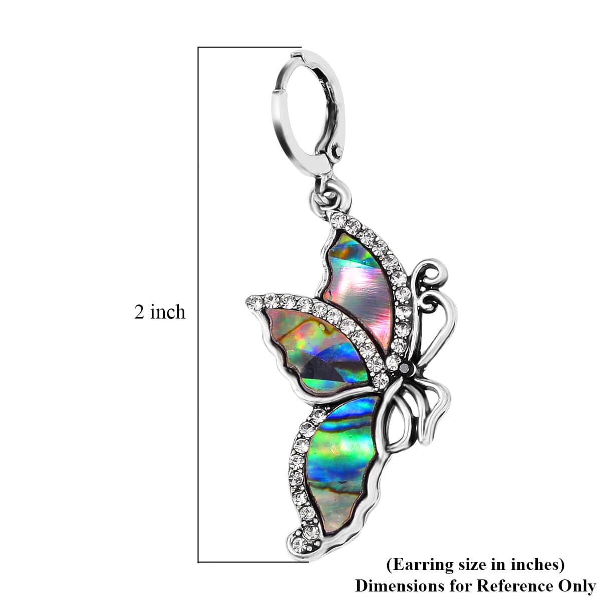 Abalone Shell, Black and Hematite Color Austrian Crystal Lever Back Butterfly Earrings in Silvertone image number 4