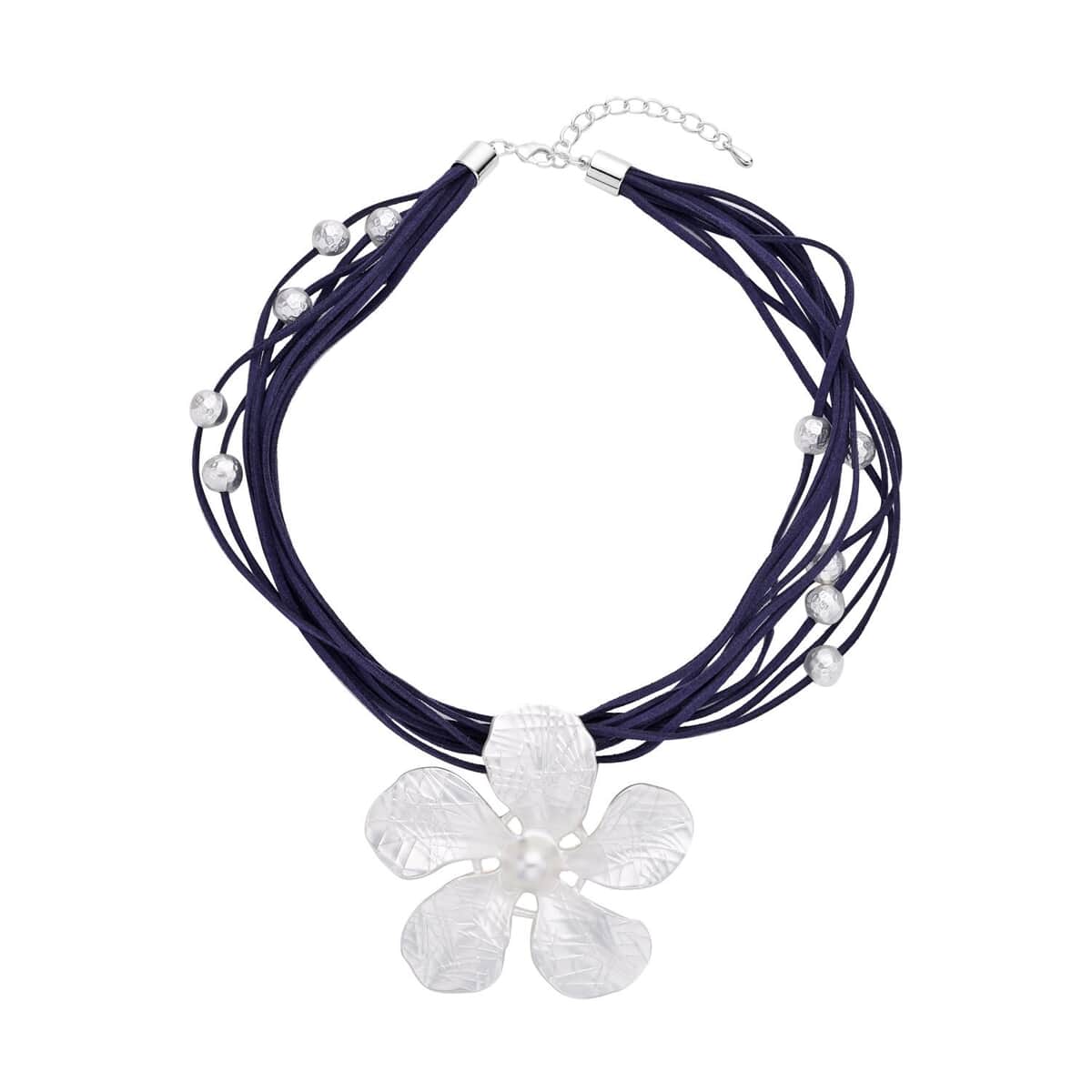 Jasmine Flower Pendant Necklace0 in Silvertone on Navy Multi Strand Faux Leather 20-23 Inches image number 0