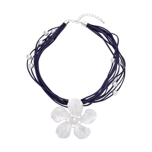 Jasmine Flower Pendant Necklace0 in Silvertone on Navy Multi Strand Faux Leather 20-23 Inches