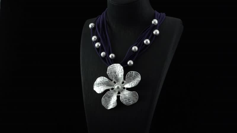 Jasmine Flower Pendant Necklace 18-20 Inch in Silvertone on Navy Multi Strand Faux Leather