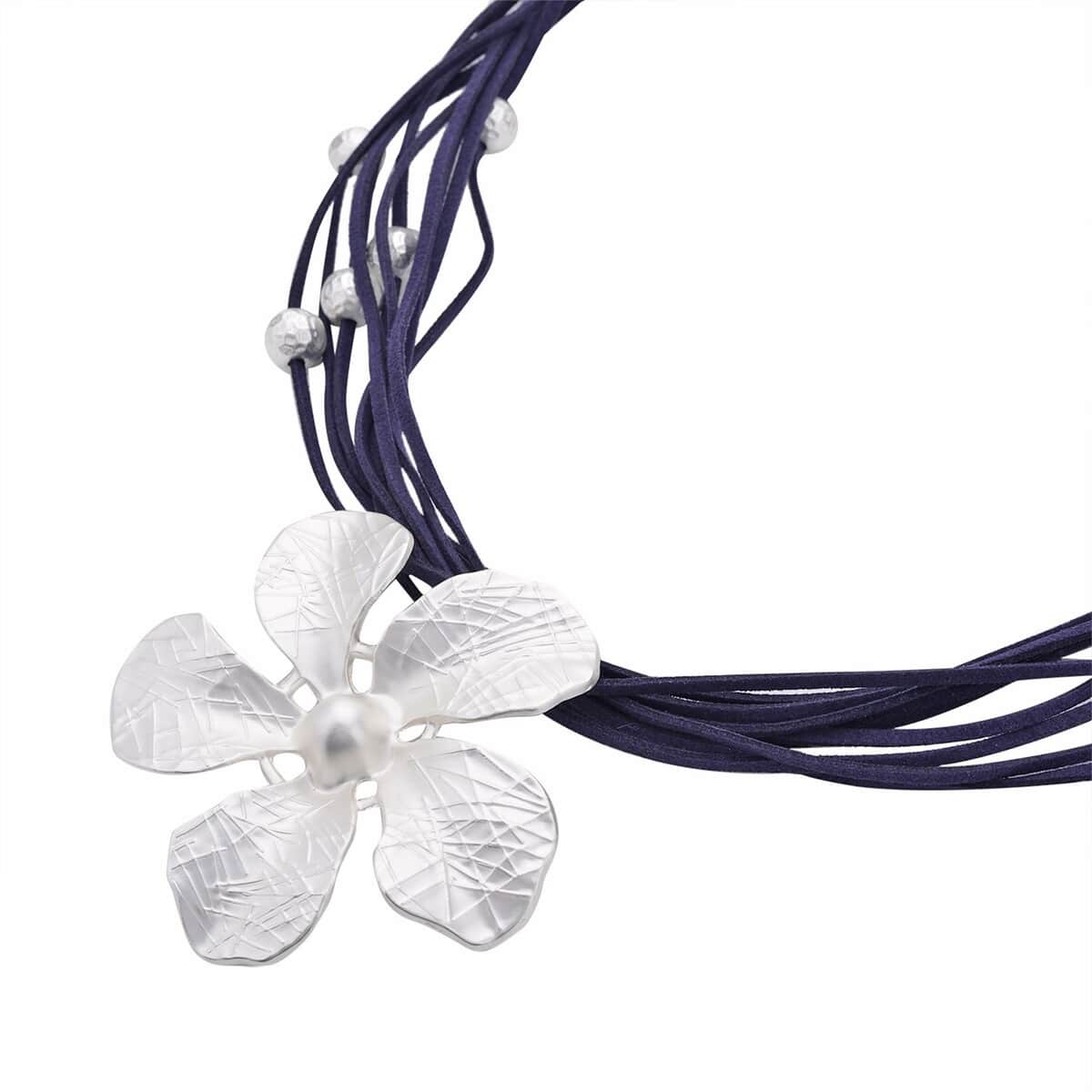 Jasmine Flower Pendant Necklace0 in Silvertone on Navy Multi Strand Faux Leather 20-23 Inches image number 2