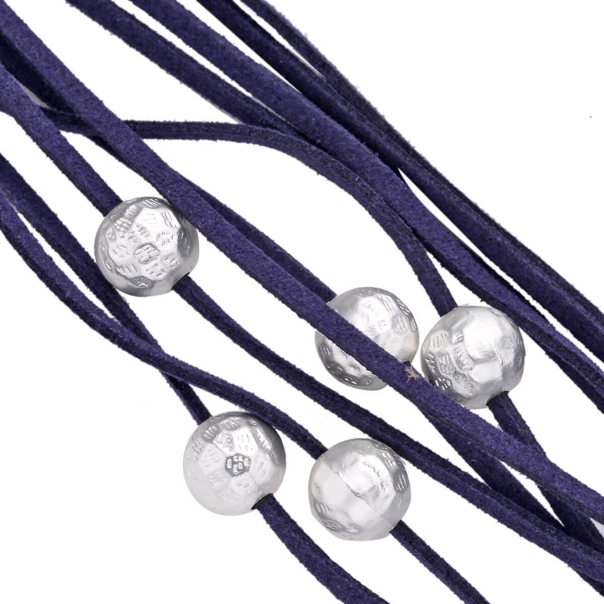 Jasmine Flower Pendant Necklace0 in Silvertone on Navy Multi Strand Faux Leather 20-23 Inches image number 3