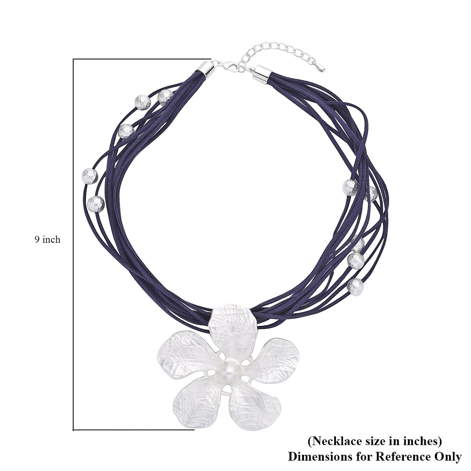 Jasmine Flower Pendant Necklace0 in Silvertone on Navy Multi Strand Faux Leather 20-23 Inches