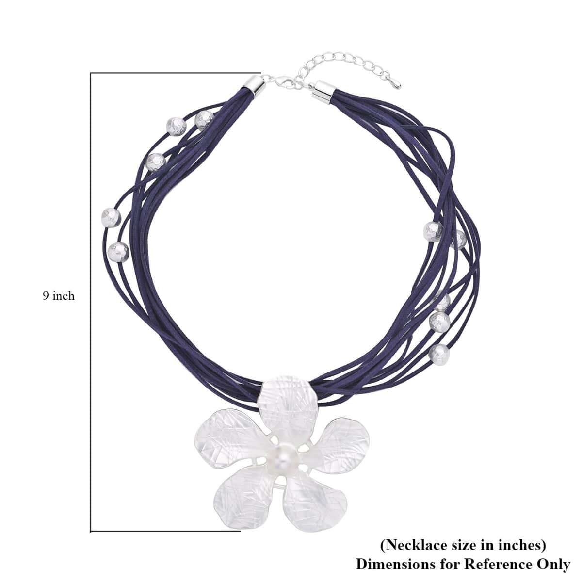 Jasmine Flower Pendant Necklace0 in Silvertone on Navy Multi Strand Faux Leather 20-23 Inches image number 4