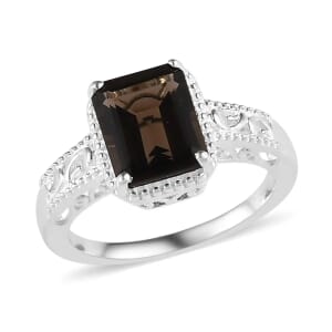 D'Joy Brazilian Smoky Quartz Ring in Platinum Over Sterling Silver, Silver Solitaire Ring, Engagement Rings For Women 3.75 ctw (Size 10)