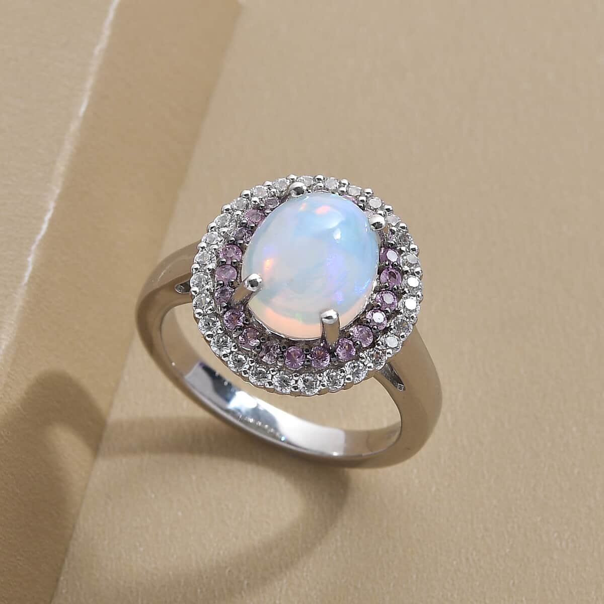 Premium Ethiopian Welo Opal and Multi Gemstone Double Halo Ring in Platinum Over Sterling Silver 3.00 ctw image number 1