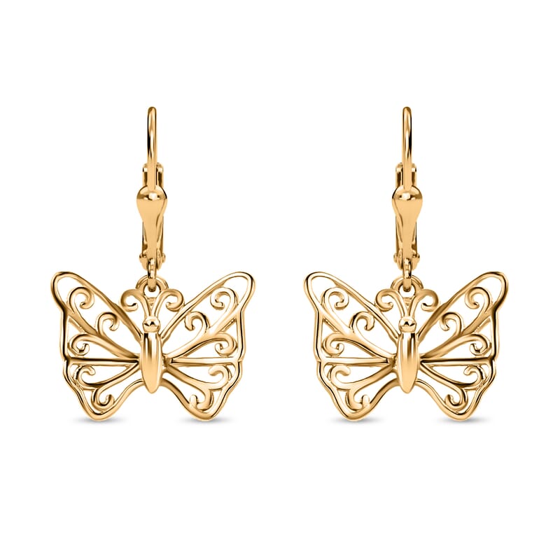 Butterfly Earrings in 14K Yellow Gold Plated Sterling Silver, Dangle Silver Earrings, Dangle Drop Earrings