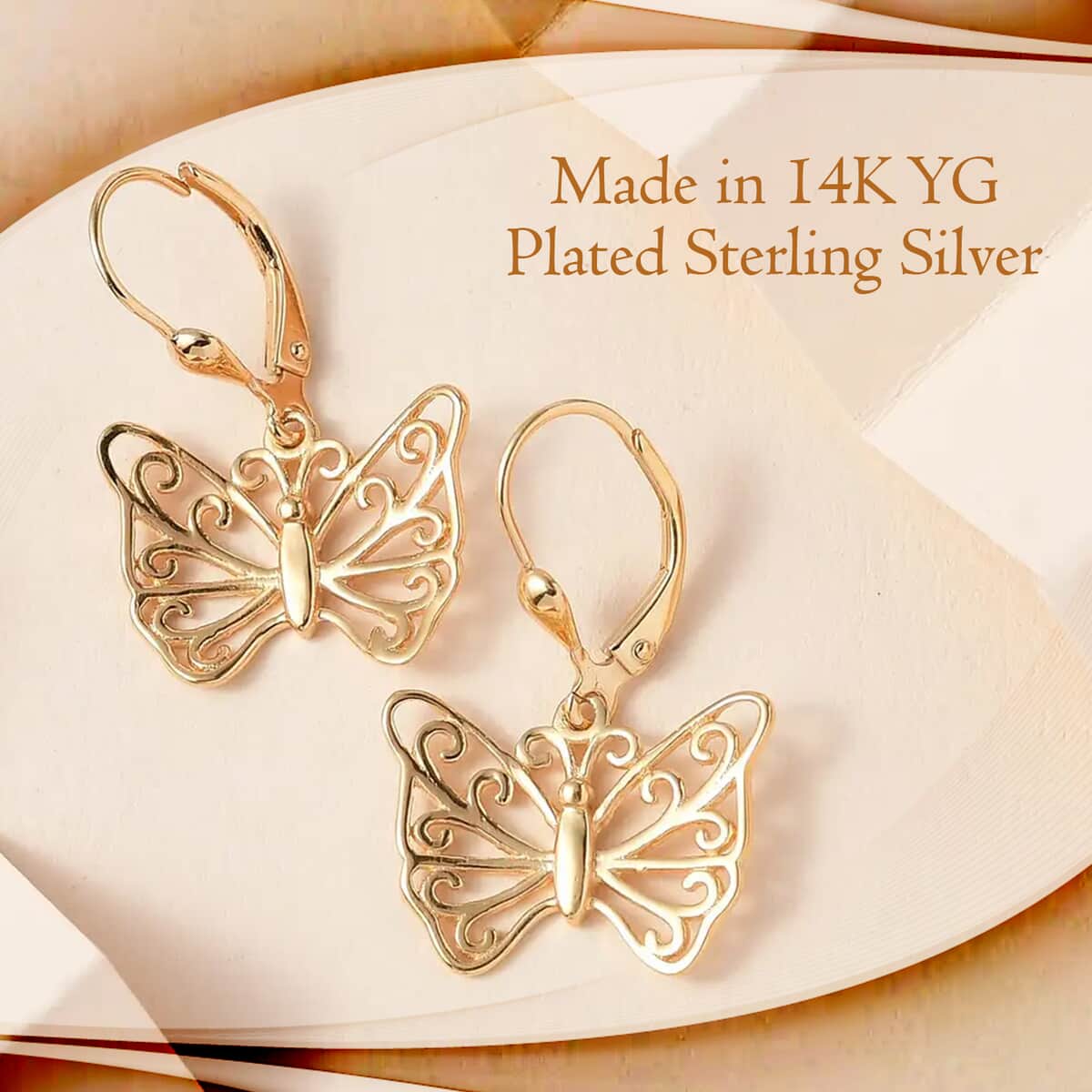 Butterfly Earrings in 14K Yellow Gold Plated Sterling Silver, Dangle Silver Earrings, Dangle Drop Earrings image number 1