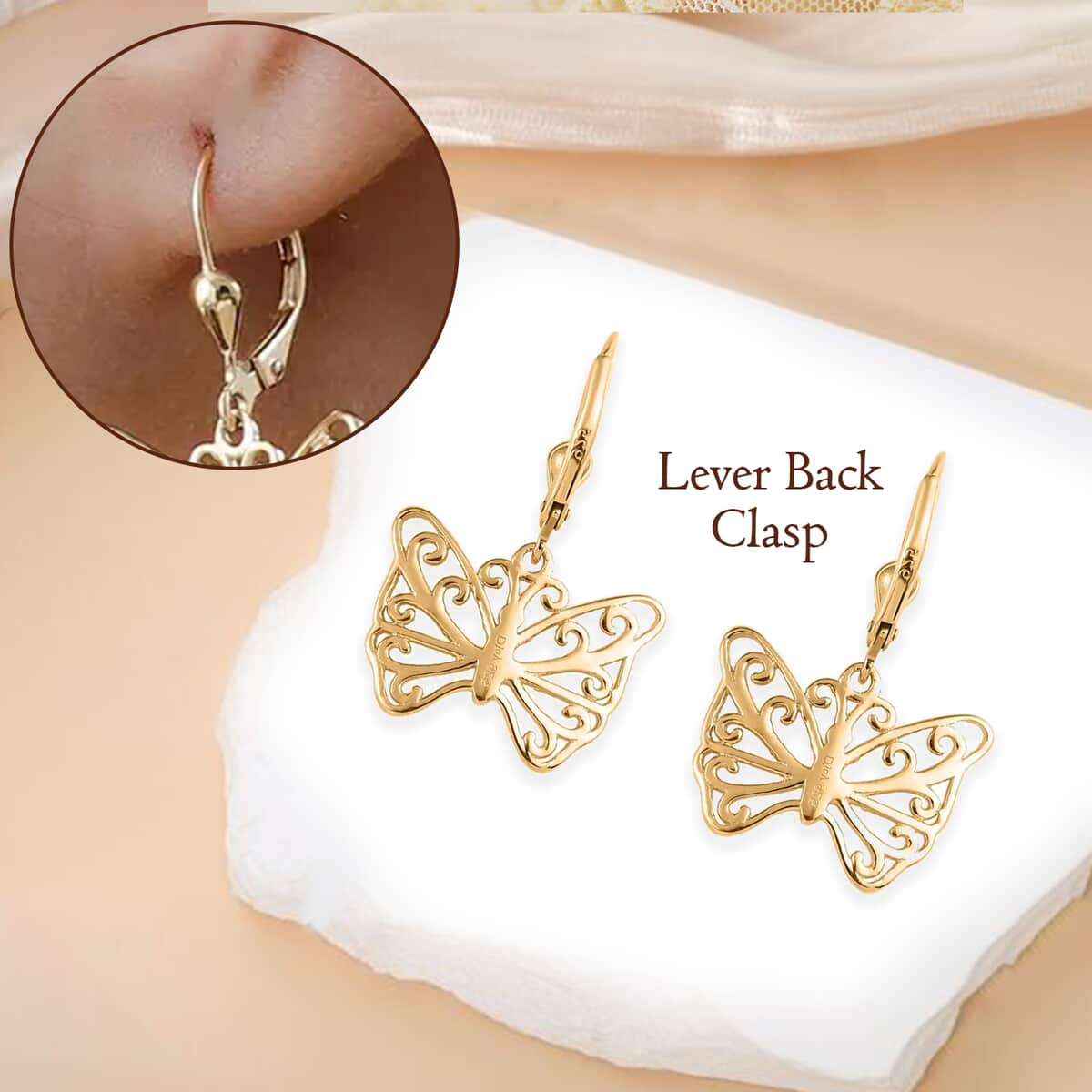 Butterfly Earrings in 14K Yellow Gold Plated Sterling Silver, Dangle Silver Earrings, Dangle Drop Earrings image number 3