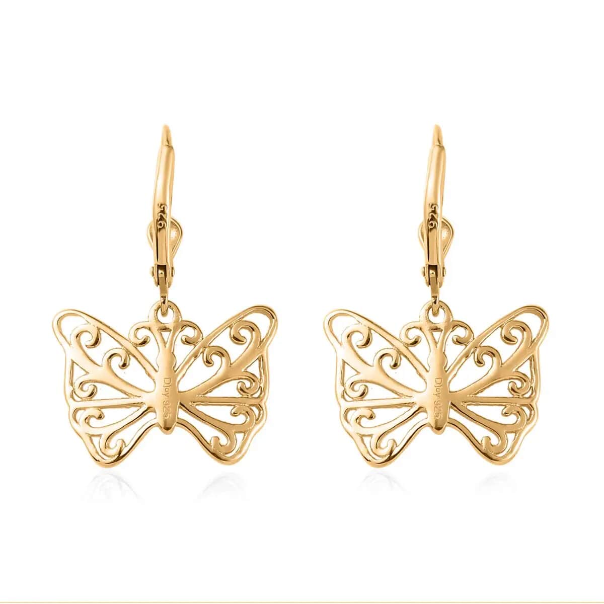 Butterfly Earrings in 14K Yellow Gold Plated Sterling Silver, Dangle Silver Earrings, Dangle Drop Earrings image number 5