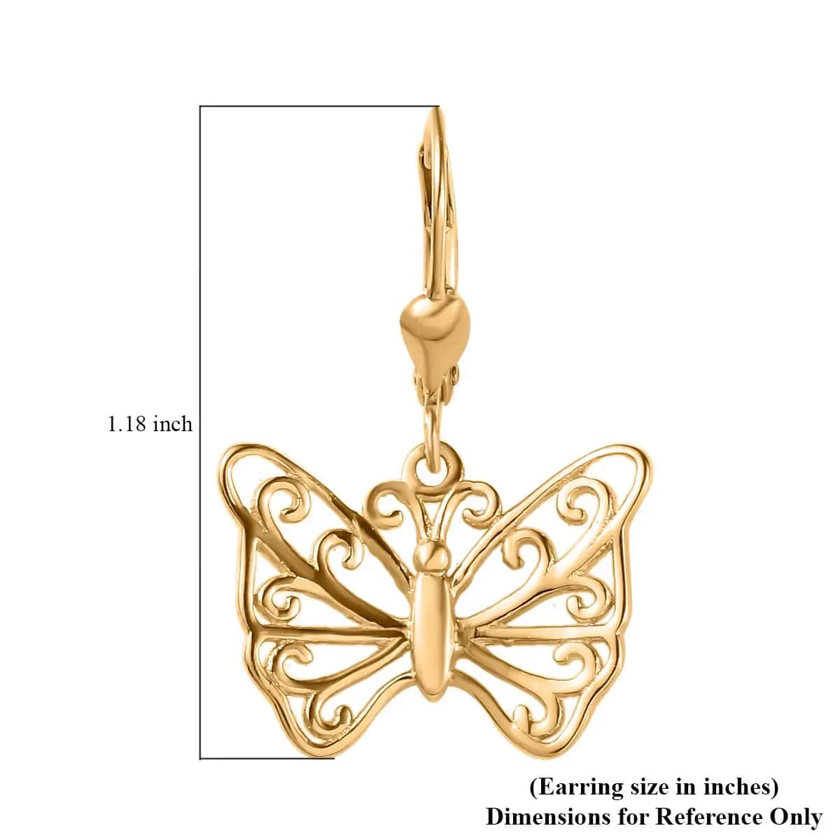 Butterfly Earrings in 14K Yellow Gold Plated Sterling Silver, Dangle Silver Earrings, Dangle Drop Earrings image number 6