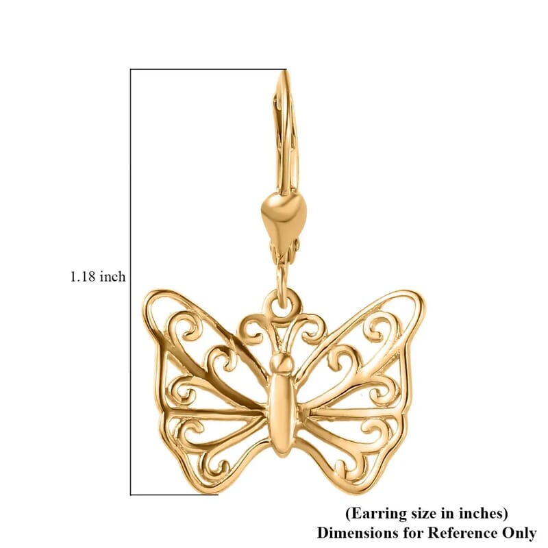 Butterfly Earrings in 14K Yellow Gold Plated Sterling Silver, Dangle Silver Earrings, Dangle Drop Earrings