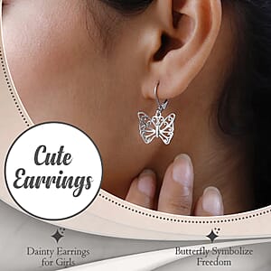 D'Joy Butterfly Earrings in Platinum Plated Sterling Silver, Dangle Silver Earrings, Dangle Drop Earrings