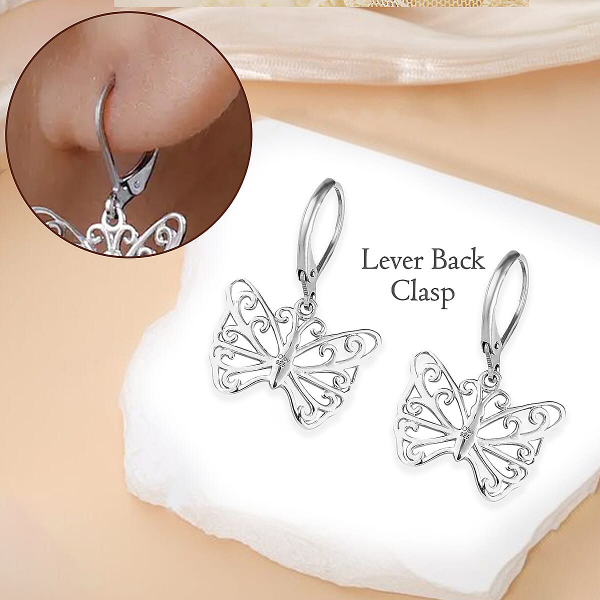 D'Joy Butterfly Earrings in Platinum Plated Sterling Silver, Dangle Silver Earrings, Dangle Drop Earrings image number 3
