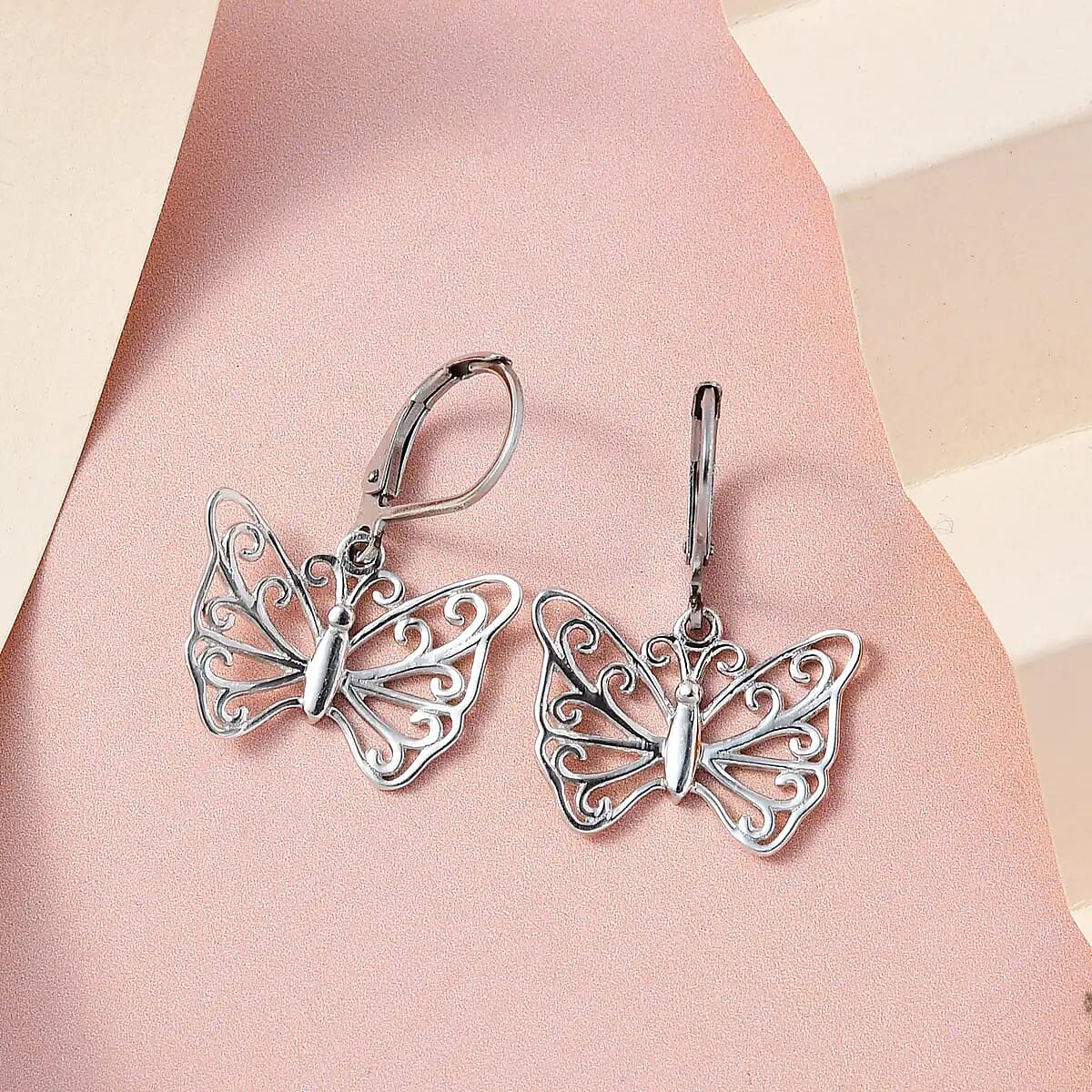 D'Joy Butterfly Earrings in Platinum Plated Sterling Silver, Dangle Silver Earrings, Dangle Drop Earrings image number 5