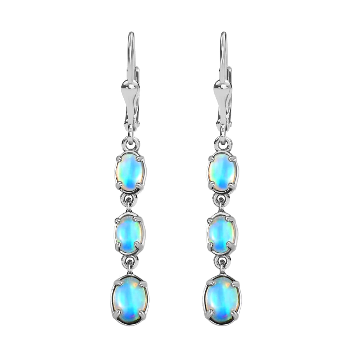 Premium Ethiopian Welo Opal Drop Earrings, Lever Back Earrings For Women, Platinum Over Sterling Silver Dangle Earrings, Opal Jewelry 2.65 ctw image number 0