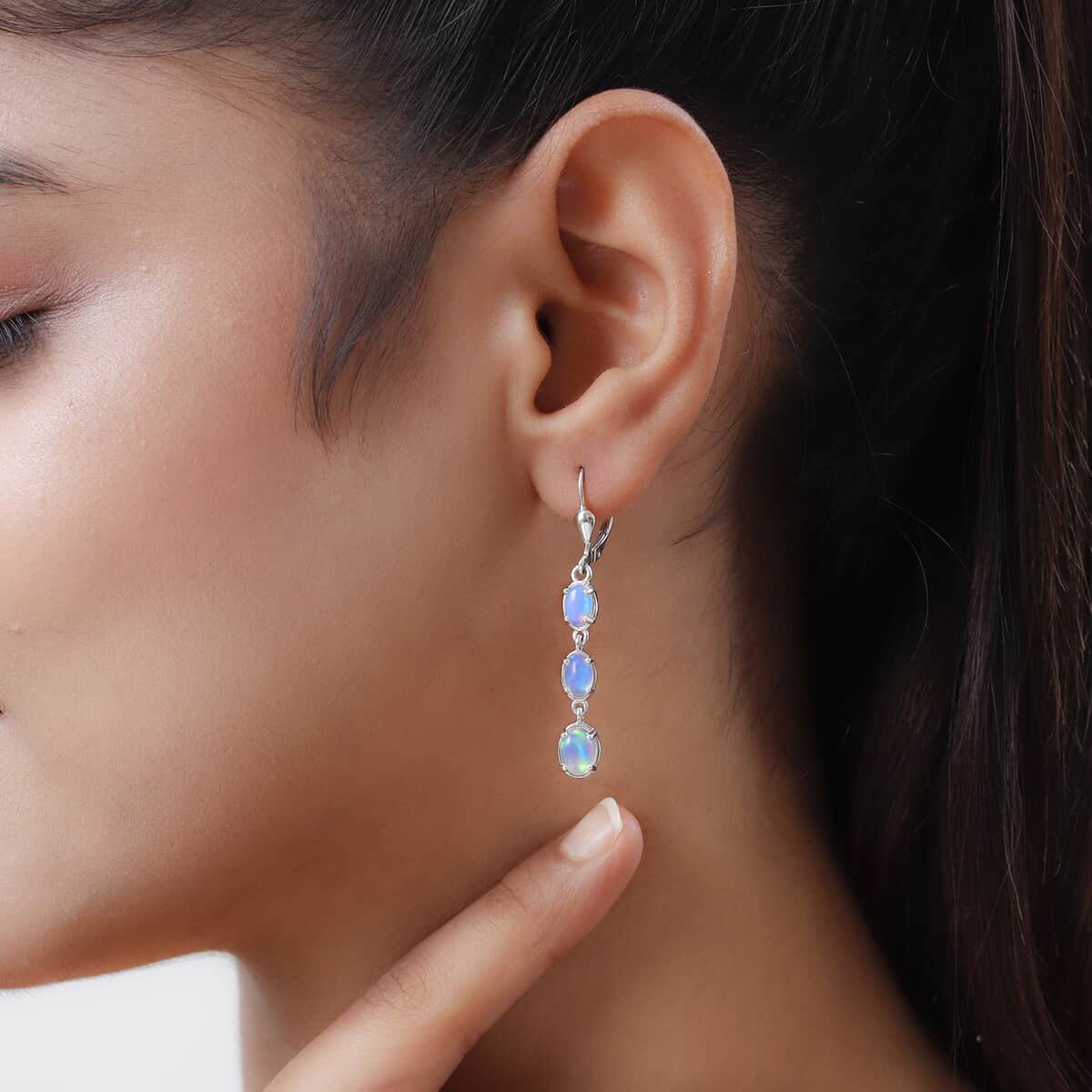 Premium Ethiopian Welo Opal Drop Earrings, Lever Back Earrings For Women, Platinum Over Sterling Silver Dangle Earrings, Opal Jewelry 2.65 ctw image number 1