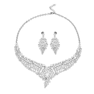 Austrian Crystal Earrings and Bib Necklace in Silvertone 20-23 Inches