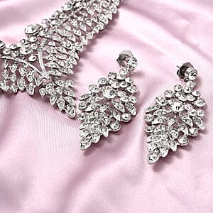 Austrian Crystal Earrings and Bib Necklace in Silvertone 20-23 Inches