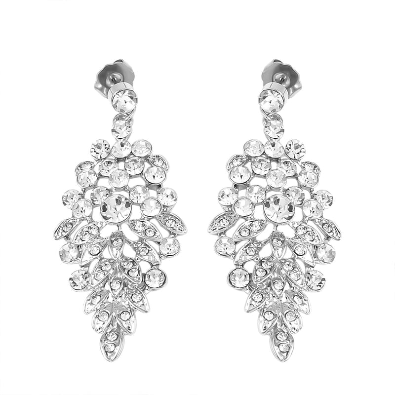 Austrian Crystal Earrings and Bib Necklace in Silvertone 20-23 Inches