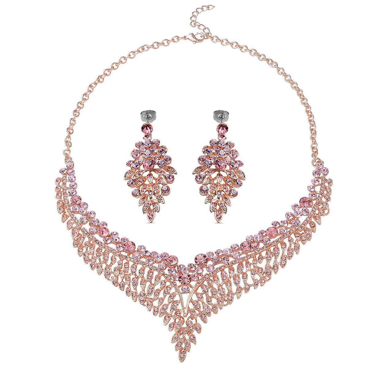 Pink Austrian Crystal Earrings and Bib Necklace 20-23 Inches in Rosetone image number 0