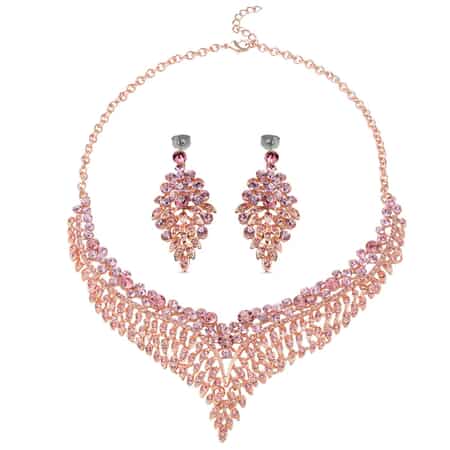 Pink Austrian Crystal Earrings and Bib Necklace 20-23 Inches in Rosetone image number 0