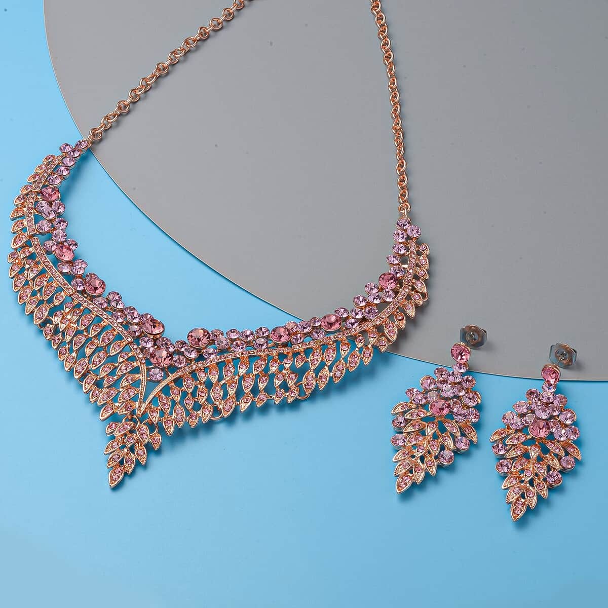 Pink Austrian Crystal Earrings and Bib Necklace 20-23 Inches in Rosetone image number 1