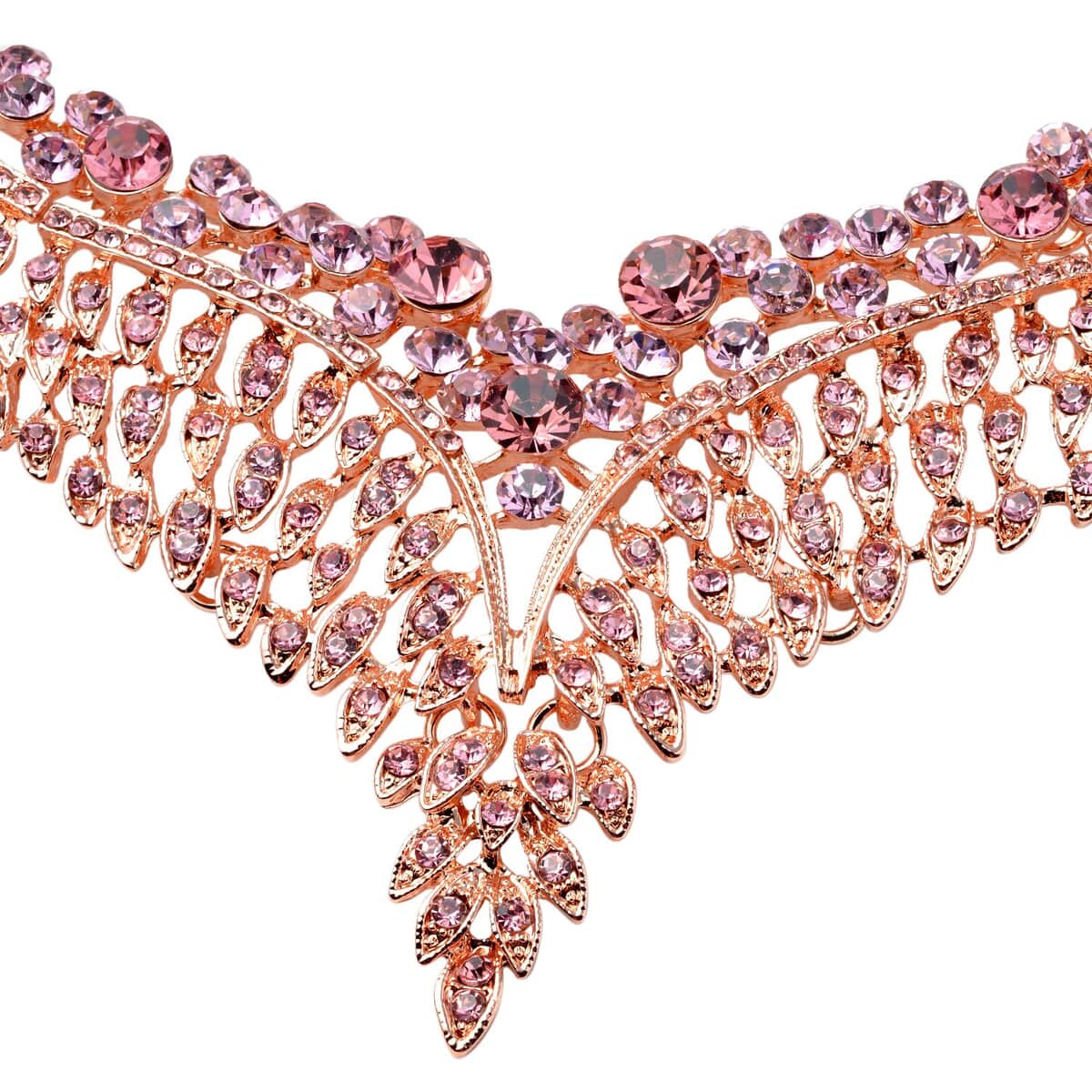 Pink Austrian Crystal Earrings and Bib Necklace 20-23 Inches in Rosetone image number 3