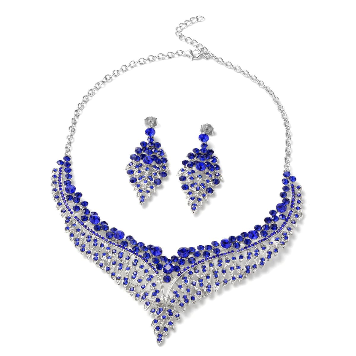 Blue Austrian Crystal Earrings and Bib Necklace in Silvertone 20 Inches image number 0