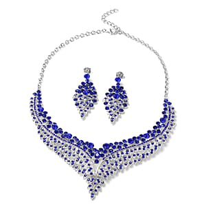 Blue Austrian Crystal Earrings and Bib Necklace in Silvertone 20 Inches