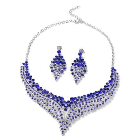 Blue Austrian Crystal Earrings and Bib Necklace 20 Inches in Silvertone image number 0