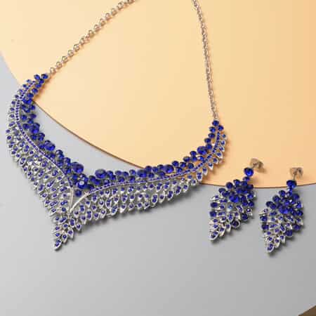 Blue Austrian Crystal Earrings and Bib Necklace 20 Inches in Silvertone image number 1