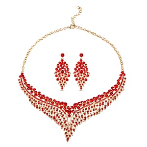 Red Austrian Crystal Earrings Bib Necklace in Goldtone, Crystal Necklace, Jewelry Gifts For Women (20-23 Inches)